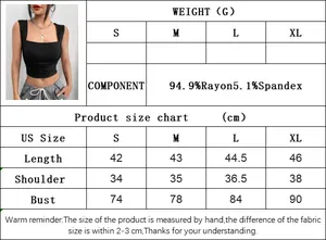 Detailed size chart for slim fit tube top made of 94.9% rayon and 5.1% spandex fabric