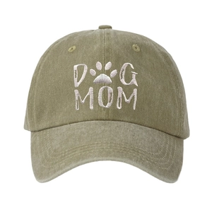 Olive green washed cotton baseball cap with DOG MOM embroidery and paw print on front