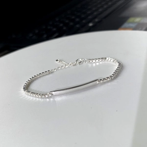 925 Sterling Silver Box Chain ID Bracelet For Couples Minimalist Smooth Curved Bar Adjustable Link Bracelet Memorial Jewelry Gift