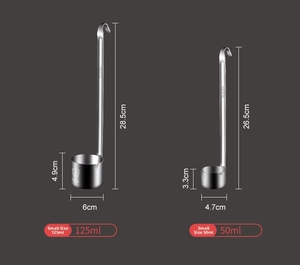 Detailed size chart for 304 stainless steel long handle funnels with measurement markings