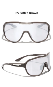 Detail of coffee brown oversized Y2K wrap sunglasses with metallic top bar and side trim
