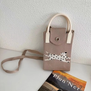Close-up of leopard pattern knit phone bag with magnetic flap and long strap