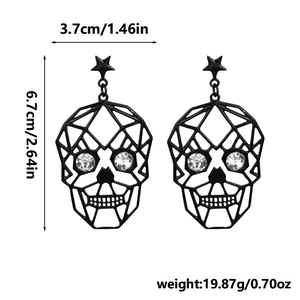 Black skeleton drop earrings with rhinestone eyes and detailed size measurements