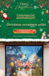 Detailed Christmas window stickers featuring colorful XMAS balloons and snow scene patterns