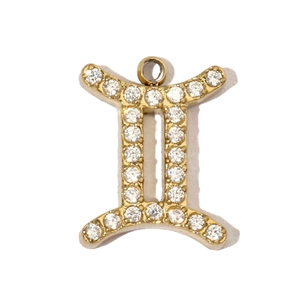 Detailed view of Gemini zodiac pendant with hand-set cubic zirconia in gold plating