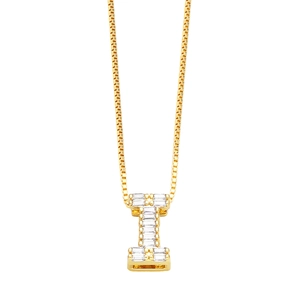 Detail of gold letter I pendant with baguette zircon stones on a box chain