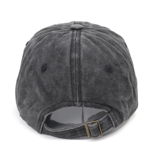 Detail view of washed charcoal baseball cap with adjustable antique brass metal buckle