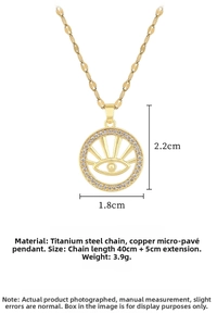 Detail view of gold Evil Eye pendant with micro-set zircons and size specifications