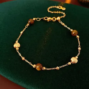 Retro Tiger Eye Stone And Faux Artificial Pearl Bracelet 18K Gold Plated Alloy Adjustable Fine Chain Vintage Jewelry For Women