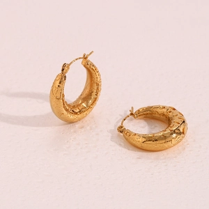 Detail of 25mm 18K gold plated chunky hollow hoop earrings with water droplets