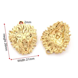 Vintage 3D lion head pendant in gold-plated stainless steel, size 26x21mm front and back