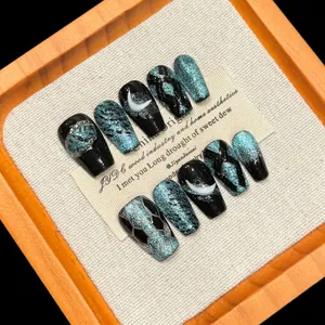 Handmade Siren Moon Press On Nails Black Blue Cat Eye Moon Snake Short Trapezoid Coffin Shape Fake Nails For Women