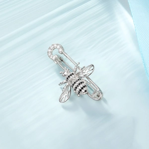 Broche épingle à nourrice abeille en argent S925 avec zircons noirs et blancs étincelants