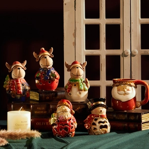Christmas Ceramic Figurines Night Light Candle Holder And Mug Hand Painted Santa Snowman Reindeer Home Table Holiday Decor Gift