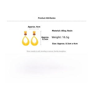 Detail view showing large yellow resin waterdrop earrings with alloy studs and size specs