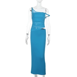 Detail view of blue one-shoulder mesh dress featuring intricate pleated fabric texture