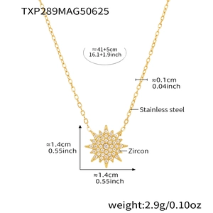 Detail view of gold sunburst zircon necklace with precise dimension and material labels