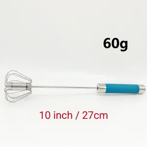 Detail of 10-inch semi-automatic egg whisk with blue handle weighing 60g and 27cm long