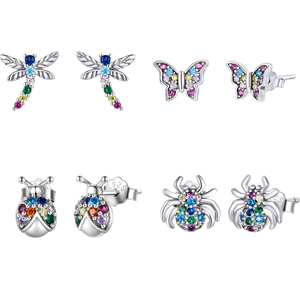 925 Sterling Silver Zirconia Insect Stud Earrings For Women Butterfly Dragonfly Bee Spider Beetle Animal Jewelry Gift