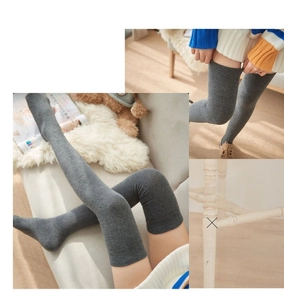 Detail of high-elastic grey over-the-knee socks showing thick knitted texture and warm fit