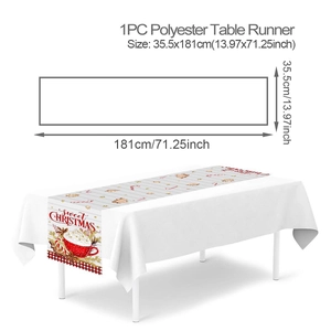Polyester Christmas table runner showing 35.5x181cm dimensions and festive tree patterns