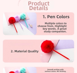 Detailed view of colorful ballpoint pens with soft pom pom toppers and slim plastic barrels