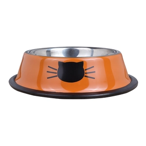 Orange stainless steel pet bowl with cat face print and non-slip rubber base for feeding