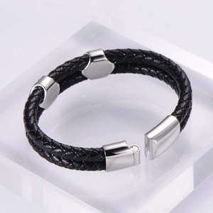 Bracciale doppio in pelle intrecciata nera da uomo con chiusura magnetica in acciaio argento