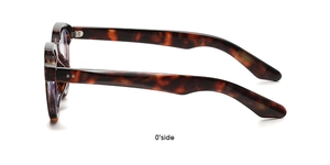 Side view of tortoise shell round sunglasses with retro acetate frame and metal hinge detail