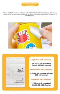 Three sizes of zipper bags with clear windows for cute animal stickers and capacity guide