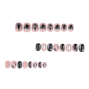 Gothic Y2K press-on nails set featuring black hearts, silver stars and punk cross motifs
