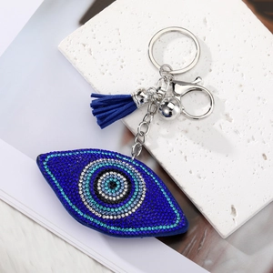 Sparkling blue evil eye heart keychain with leather tassel and silver metal ring