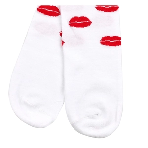 Detailed close-up of white cotton socks featuring red lip patterns and knit bow detail