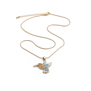 Golden snake chain necklace featuring a blue enamel hummingbird pendant with crystals