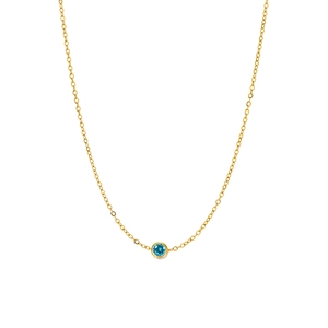 Close-up of gold-plated titanium steel necklace featuring a round blue gemstone pendant