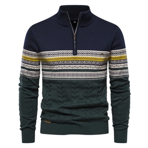 Detailed knit texture of quarter-zip sweater with navy and green color blocking