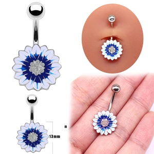 Blauer Sonnenblumen Bauchnabelpiercing mit Zirkonia und 13mm Größenangabe