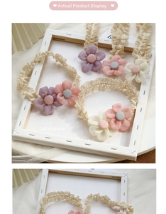 Detailed set of floral lace baby headbands in soft pastel colors and flexible textures