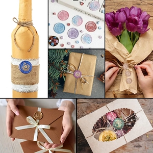 Details von Wachssiegel-Aufklebern in verschiedenen Farben für Geschenke und Umschläge