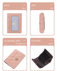 Multi-view of pink quilted PU leather card holder with card slots and ID window