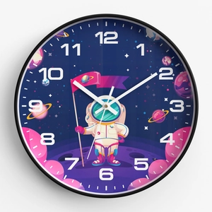 Cartoon astronaut silent wall clock for kids bedroom with 10 inch starry sky dial