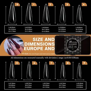 Size chart for 250pcs clear stiletto press-on nails with precise length and width dimensions
