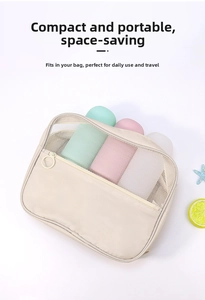 Portable beige mesh travel organizer bag with three silicone refillable bottles