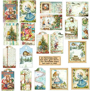 Retro Alice in Wonderland Christmas stickers featuring rabbit and tea party motifs