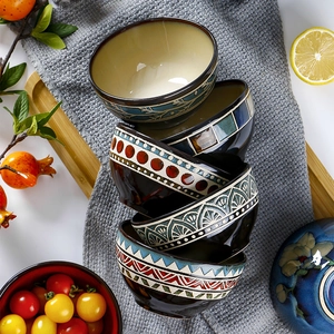 Set of 5 Japanese style ceramic rice bowls with colorful geometric patterns and glazed finish