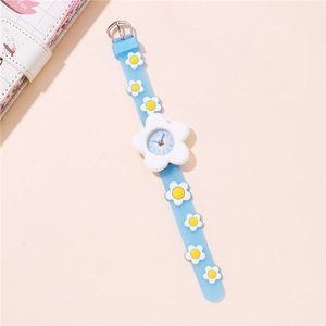 Cute light blue children watch with flower shaped white case and daisy pattern straps