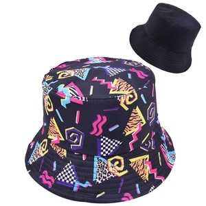 Reversible bucket hat with retro colorful geometric prints and black inner side