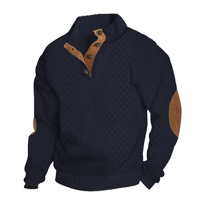 Men's dark blue jacquard knit sweater with brown leather elbow patches and buttoned stand collar