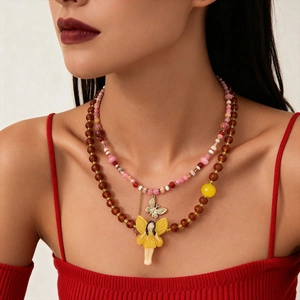 Double Layered Beaded Necklace Rhodonite Glass Resin Fairy Elf Pendant Butterfly Charm Vintage Jewelry For Women