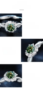 Detail of sunflower ring with green moissanite in four-prong silver setting